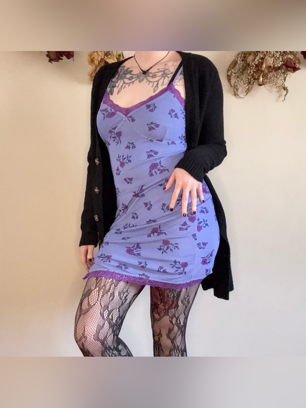 purple floral mini dress with contrasting lace trim 💜🩷 | fairycore princesscore